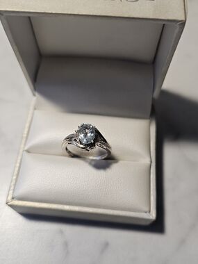 10k Solid Gold & Sterling Silver 925 Aquamarine Solitaire Ring - Size 6
